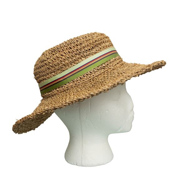 Vintage Boho 70s 80s Cottagecore Straw Sun Hat with Green Striped Ribbon - EUC main image 4